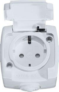 Schneider Electric  Рондо  Белый  Розетка открытая установка IP44 с заземляющими контактами с крышкой  (250В, 16А, защитные шторки) (РА16-112Б-би) RA16-112B-BI