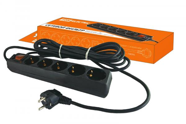 Сетевой фильтр  5 гнезд  3 метра, с заземляющими контактами, ПВС  3х1мм2 16А/250В  СФ-05В выкл. TDM